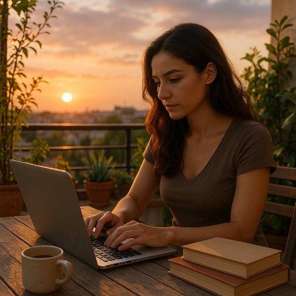 women writing with book