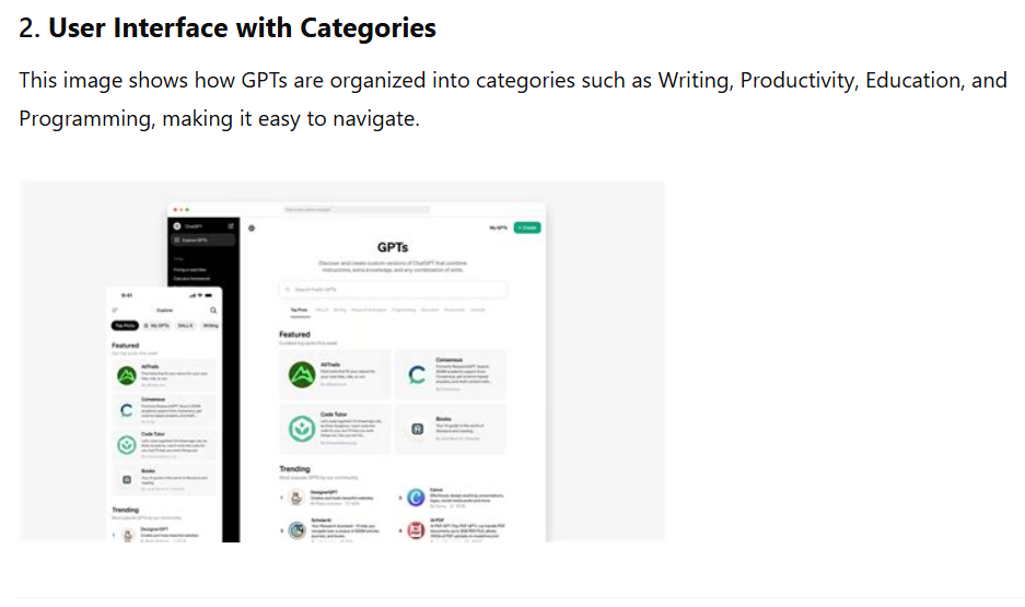 user interface with categories